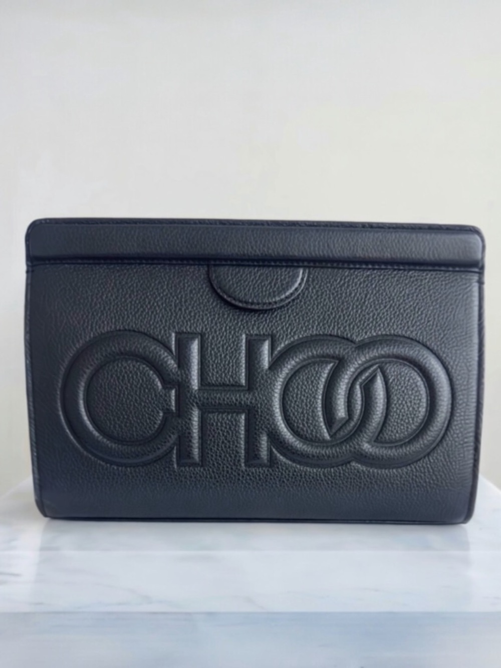 Jimmy Choo Logo Calf Leather Clutch Pouch handbag Medium- Large Logo Black NEW